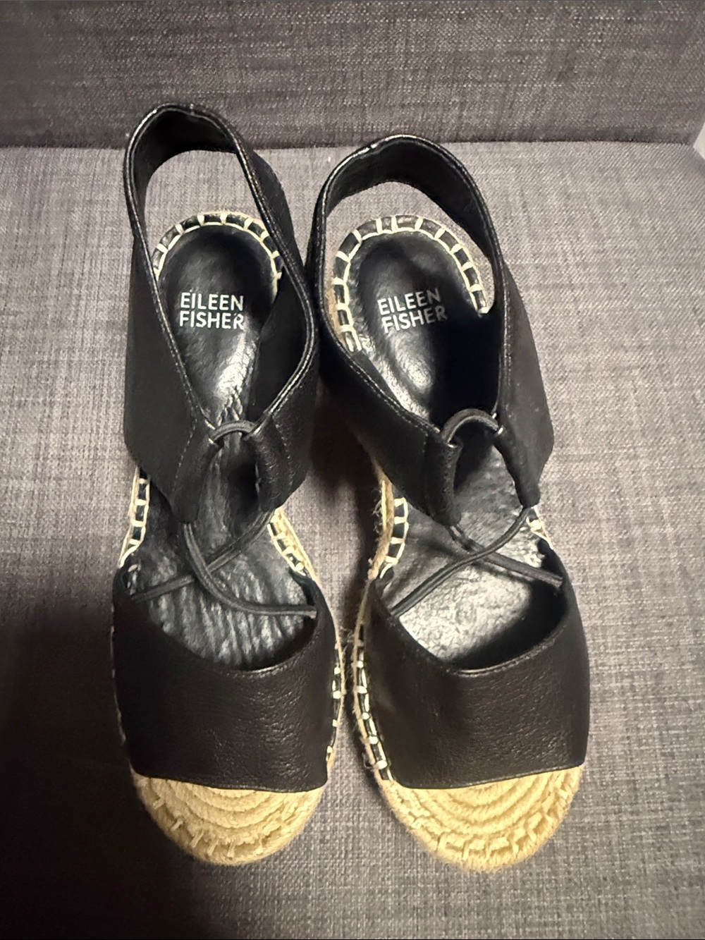 Eileen Fisher Black Leather Espadrille Wedge Sandals with Ankle Strap